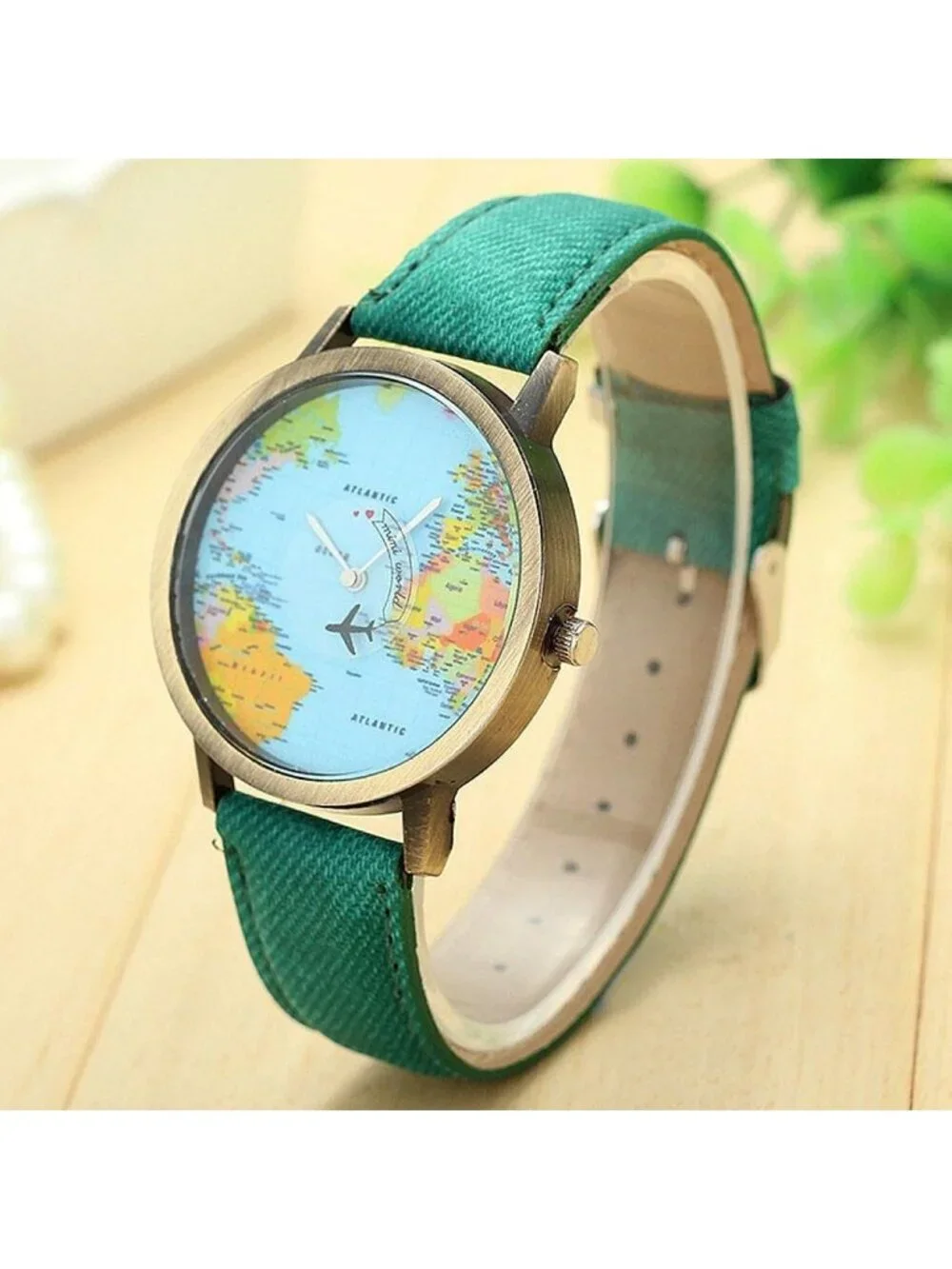 Unisex Green Quartz Leather Band Retro Bronze Case Global Travel World Map Watch